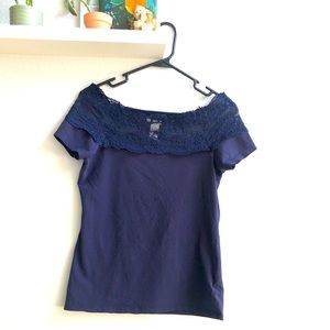 H&M Off Shoulder Lace Navy Blue Short Sleeve T Shirt Top size Medium